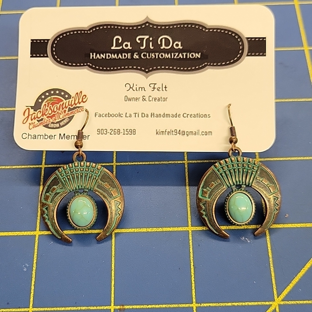 Bronze Metal Dangle Turquoise Accent Earrings